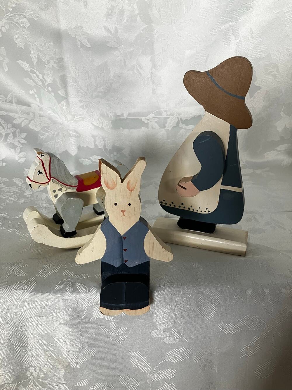 Vintage 1990 Hand Painted Wood Shelf Sitters Rabbit Rocking Horse Country Folk